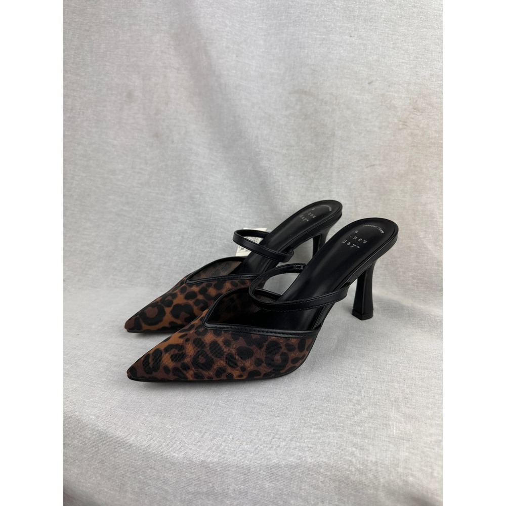 A New Day Sonia Leopard Print Mesh Pointed Toe Mule Heels Brown Black Size 6.5